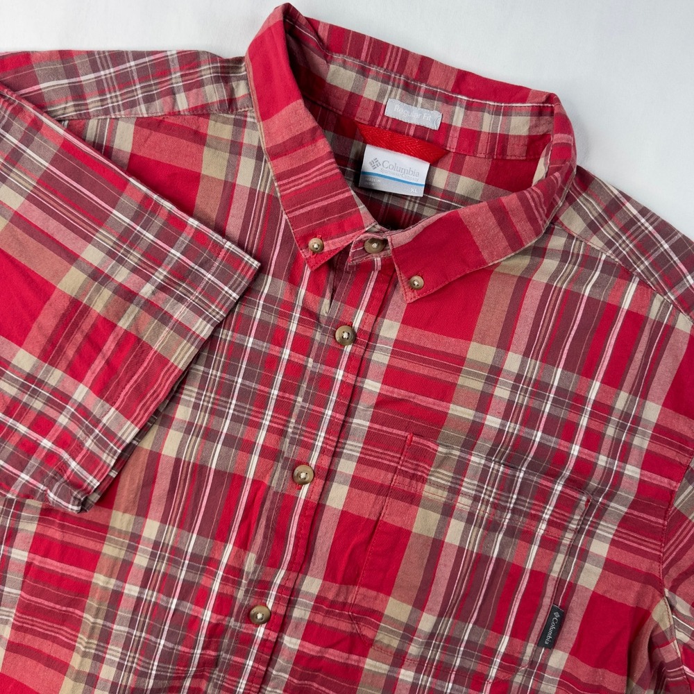 Columbia Shirt Men's XL Red Brown Button Down Regular Fit Short Sleeve